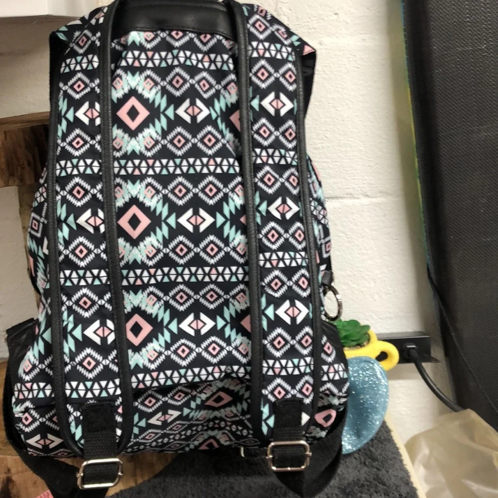 Large‎ backpack purse Aztec print teal blush and black drawstring closure